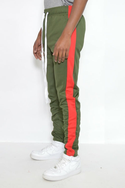 Men's Slim Fit Track Pants – Olive Stripe Joggers with Ankle Zipper