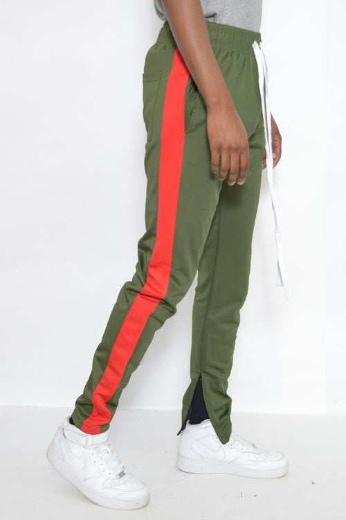 Men's Slim Fit Track Pants – Olive Stripe Joggers with Ankle Zipper