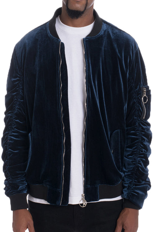 Mens Velour Scrunched Bomber Jacket – Full Zip with Sleeve Pocket