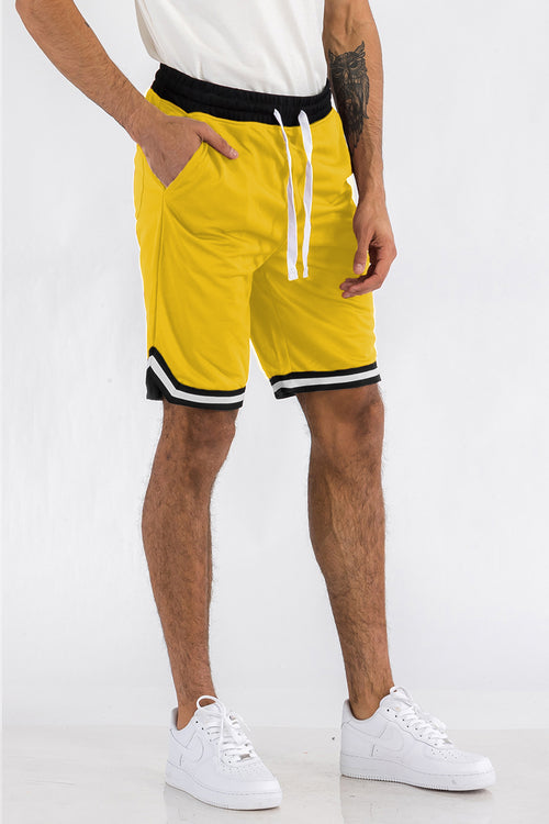 Men's Striped Basketball Shorts – Yellow Active Drawstring Shorts with Pockets