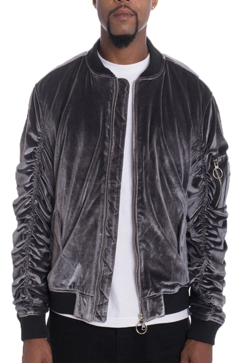 Mens Velour Scrunched Bomber Jacket – Full Zip with Sleeve Pocket