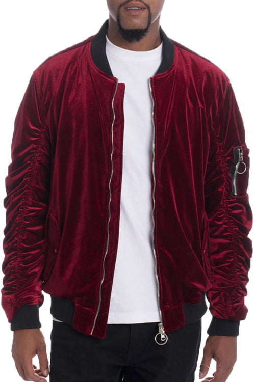Mens Velour Scrunched Bomber Jacket – Full Zip with Sleeve Pocket