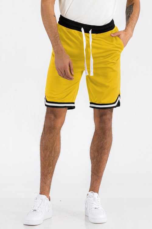 Men's Striped Basketball Shorts – Yellow Active Drawstring Shorts with Pockets