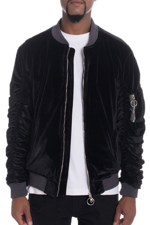 Mens Velour Scrunched Bomber Jacket – Full Zip with Sleeve Pocket