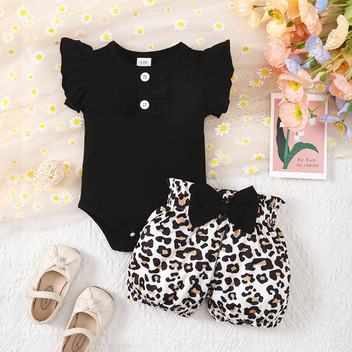 Baby Girls Leopard Print Bow Romper & Shorts Set – Cotton Two-Piece