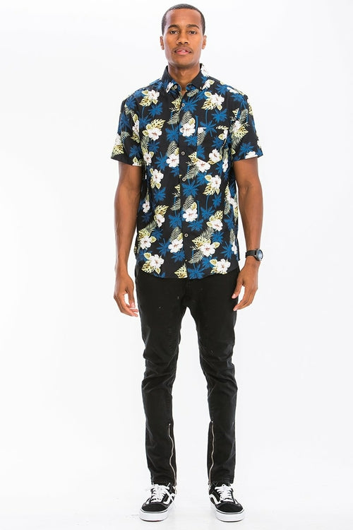 Men's Hawaiian Print Button-Down Shirt – Unique All-Over Print with Chest Pocket
