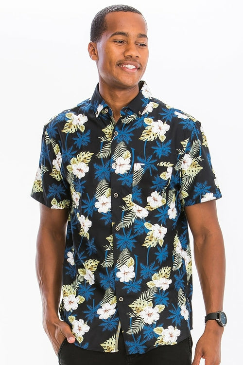 Men's Hawaiian Print Button-Down Shirt – Unique All-Over Print with Chest Pocket