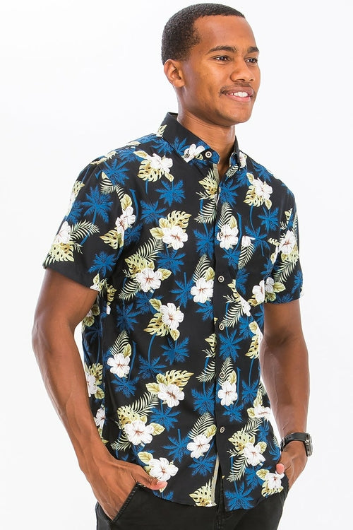 Men's Hawaiian Print Button-Down Shirt – Unique All-Over Print with Chest Pocket